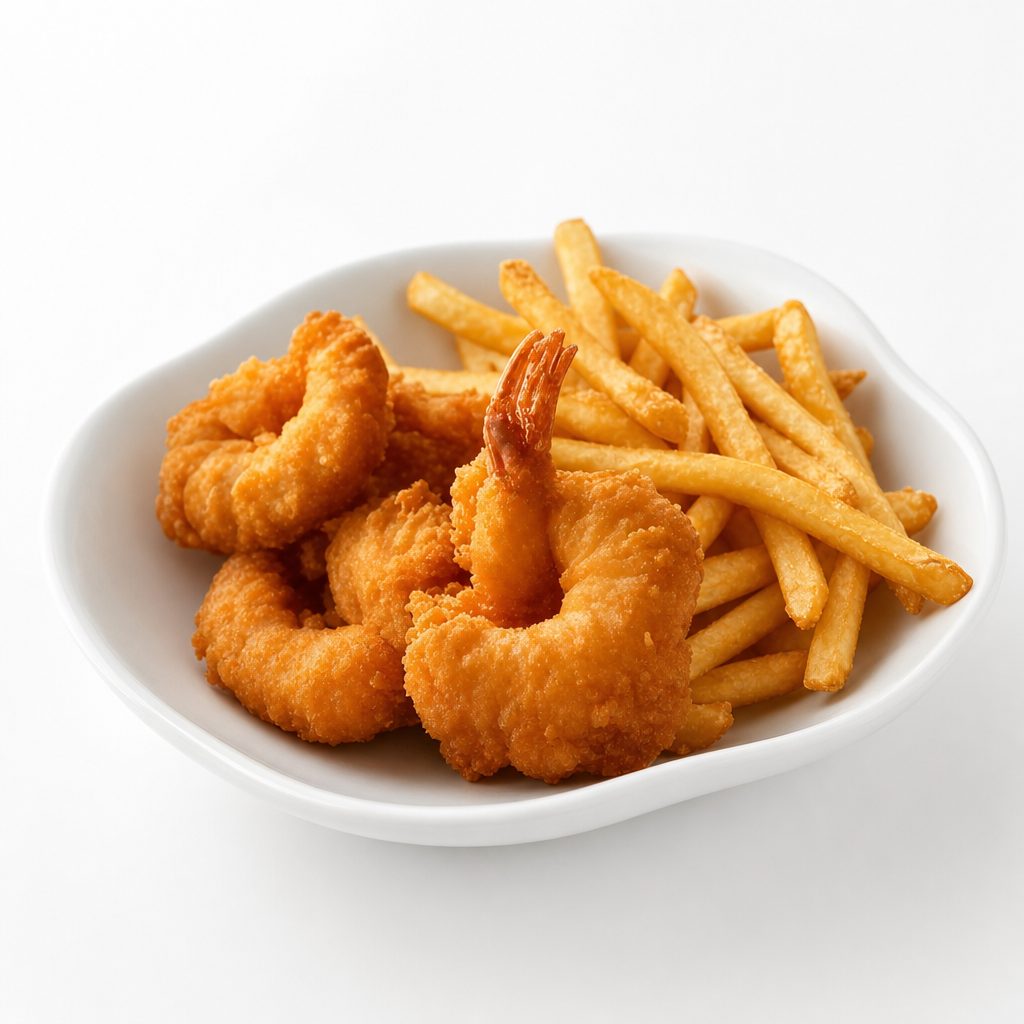 Shrim Pakora (3pc) W/ Fries.